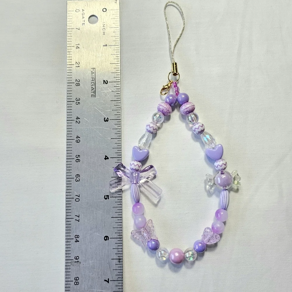 Pastel Purple Iridescent Girly Dainty Barbiecore Beaded Phone Charm Wrist Strap